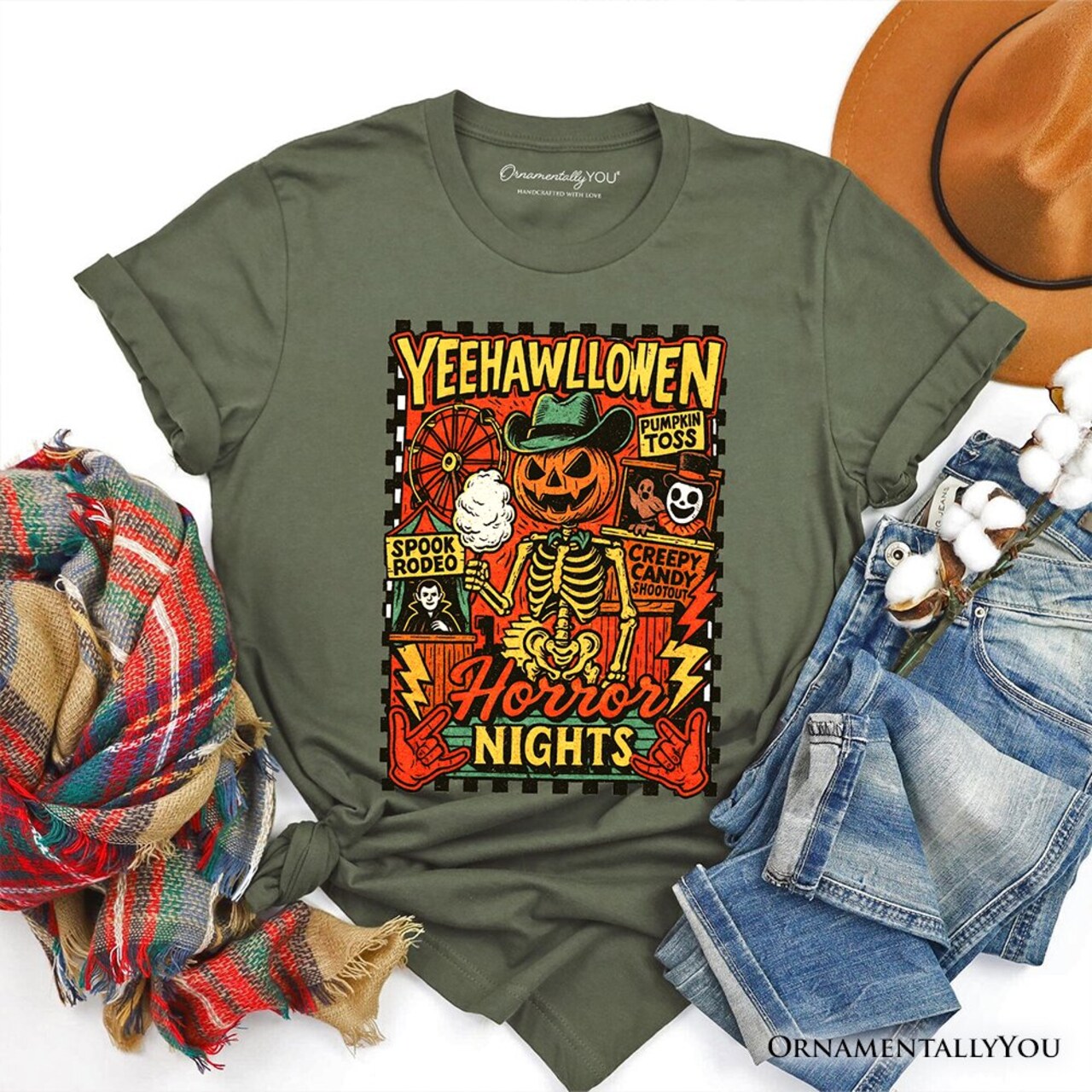 Yee Haw Halloween Retro Pumpkin Skeleton T-Shirt, Spooky Country Western Tee for Fall